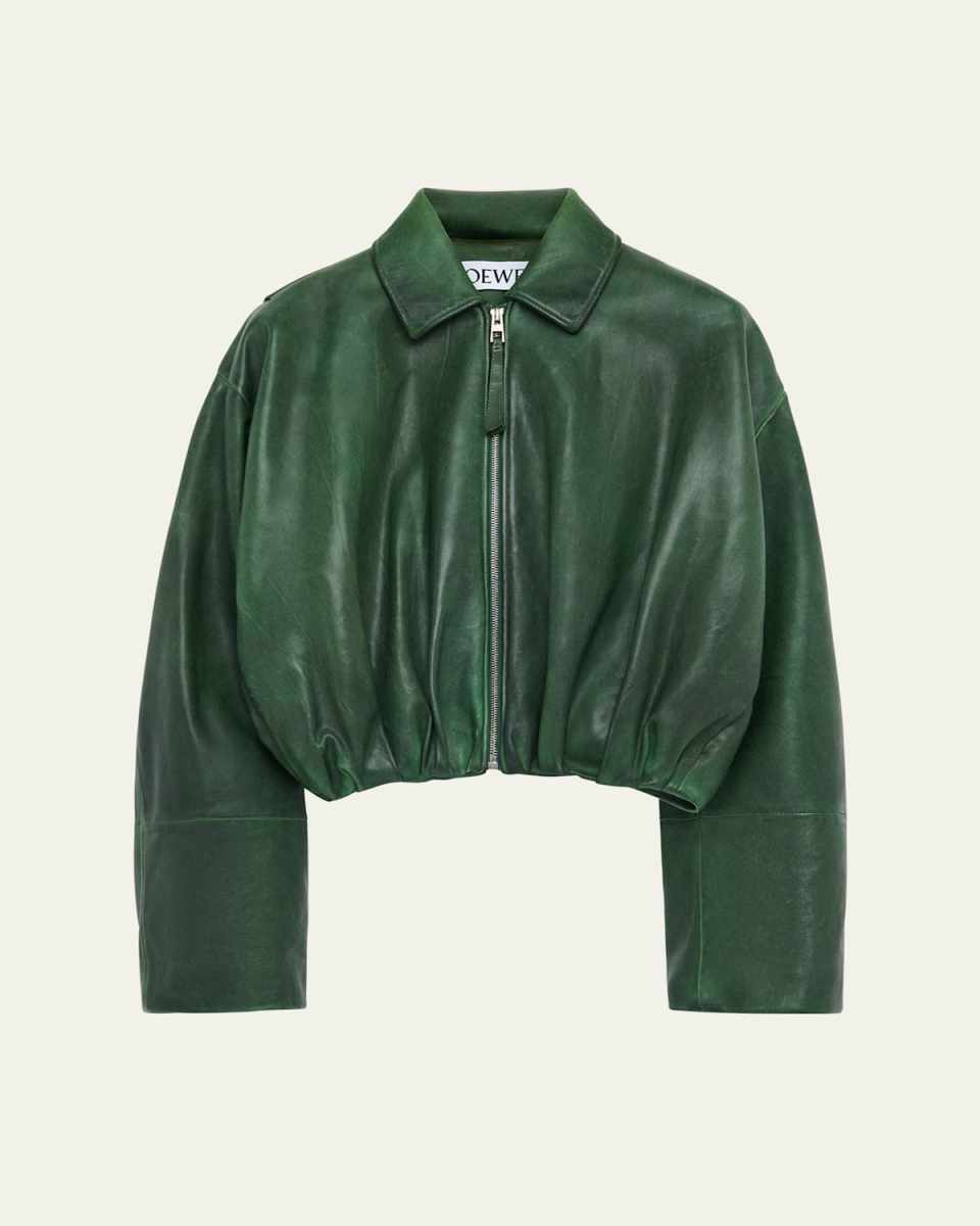 Draped Leather Bomber Jacket